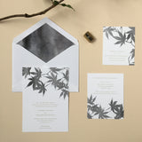 Maple leaf watercolor wedding invitation in gray